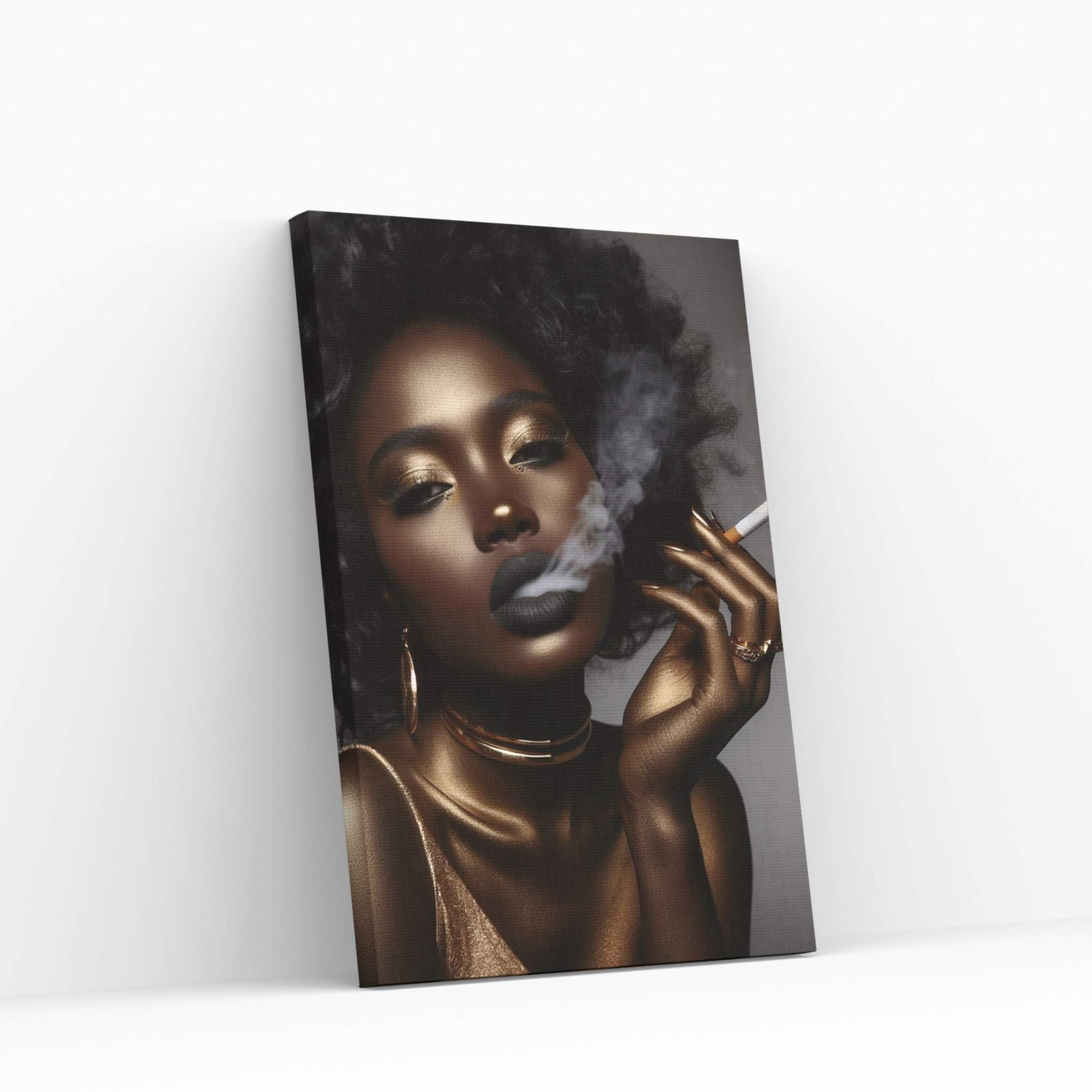 African Black Woman Gold Make-up Smoke Canvas Portrait Canvas Wall Art - Y Canvas