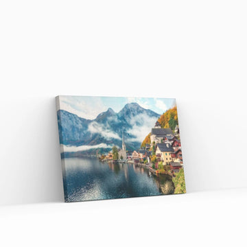 Austria Landscape Canvas Wall Art Misty autumn scene of Hallstatt Lake, Austria's mountainous Salzkammergut - Y Canvas