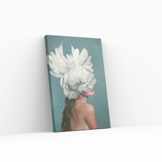 White Floral Woman Canvas Art, Blue Bird And Woman Wall Art, Woman with Flower and Bird Head, Flowers - Y Canvas