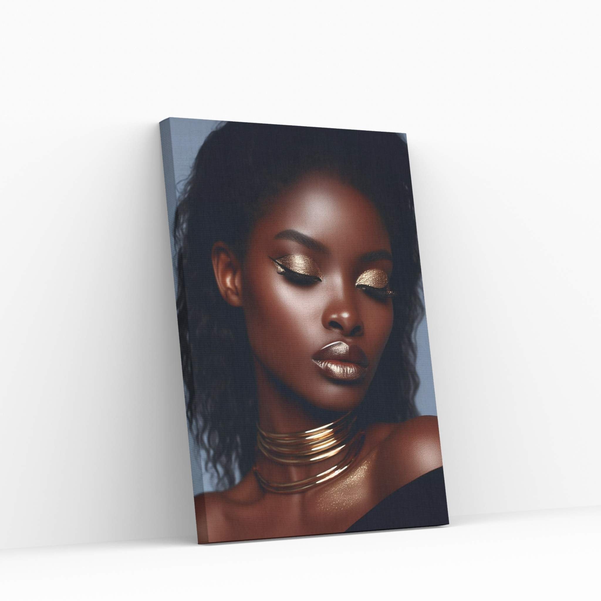 African Black Woman Gold Make-up Canvas Portrait Canvas Wall Art - Y Canvas