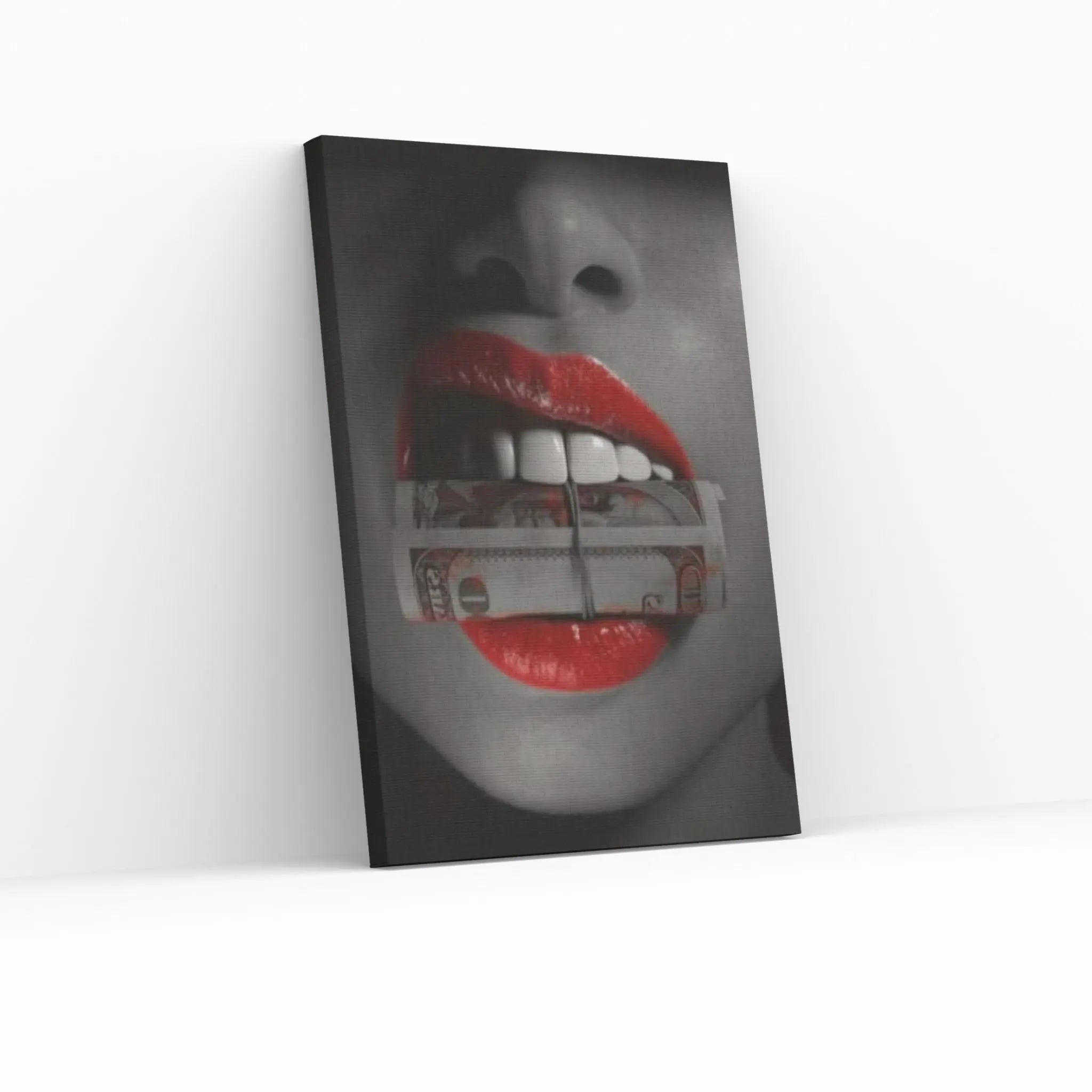 Red Lip Sexy Woman Holding Money In Her Mouth Canvas Wall Art - Y Canvas