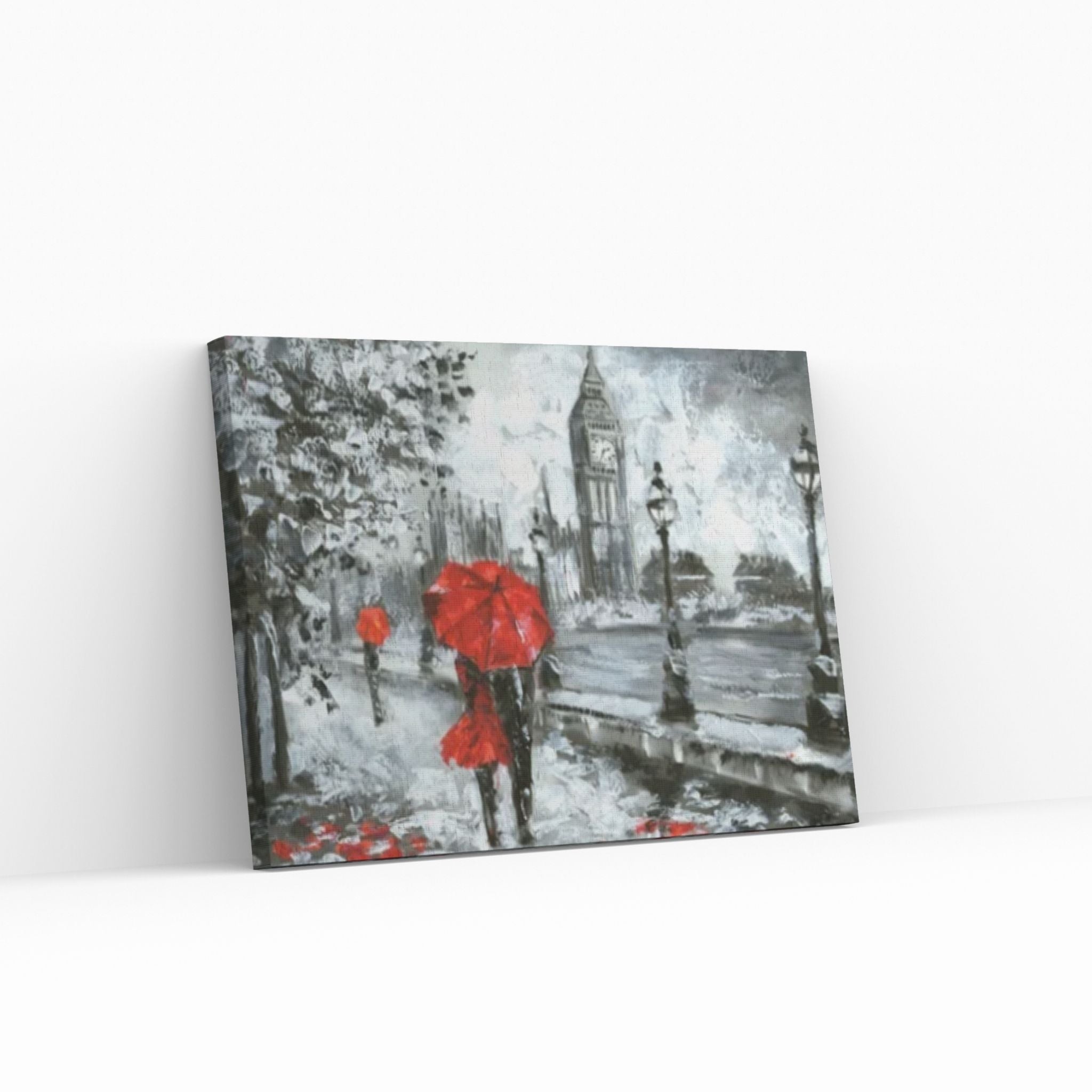 England Bridge illustration Man and woman under red umbrella photo, London street Oil painting - Y Canvas