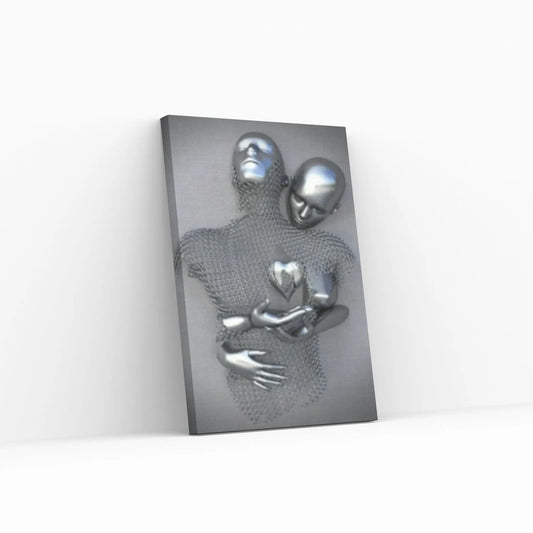 Large Silver Heart Love Couples Canvas Metallic 3D Abstract Living Room Decor Home Decor Wall Art Canvas - Y Canvas