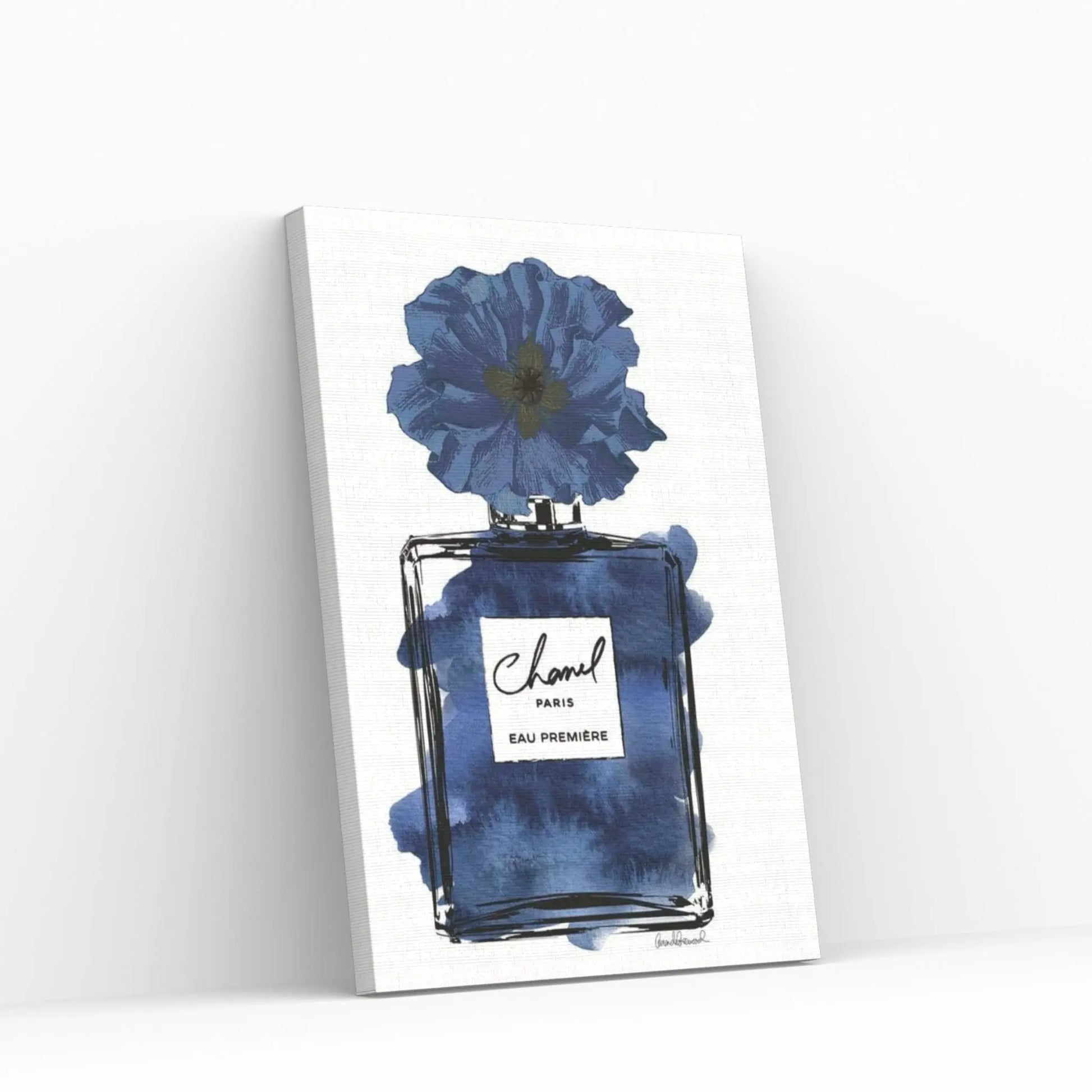 Perfume With Black & Blue Flower Canvas Wall Art - Y Canvas