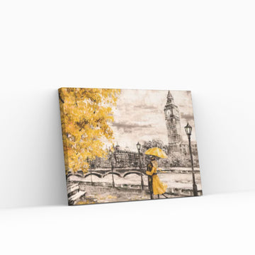 England Bridge illustration Man and woman under Yellow umbrella photo, London street Oil painting Canvas Wall Art - Y Canvas