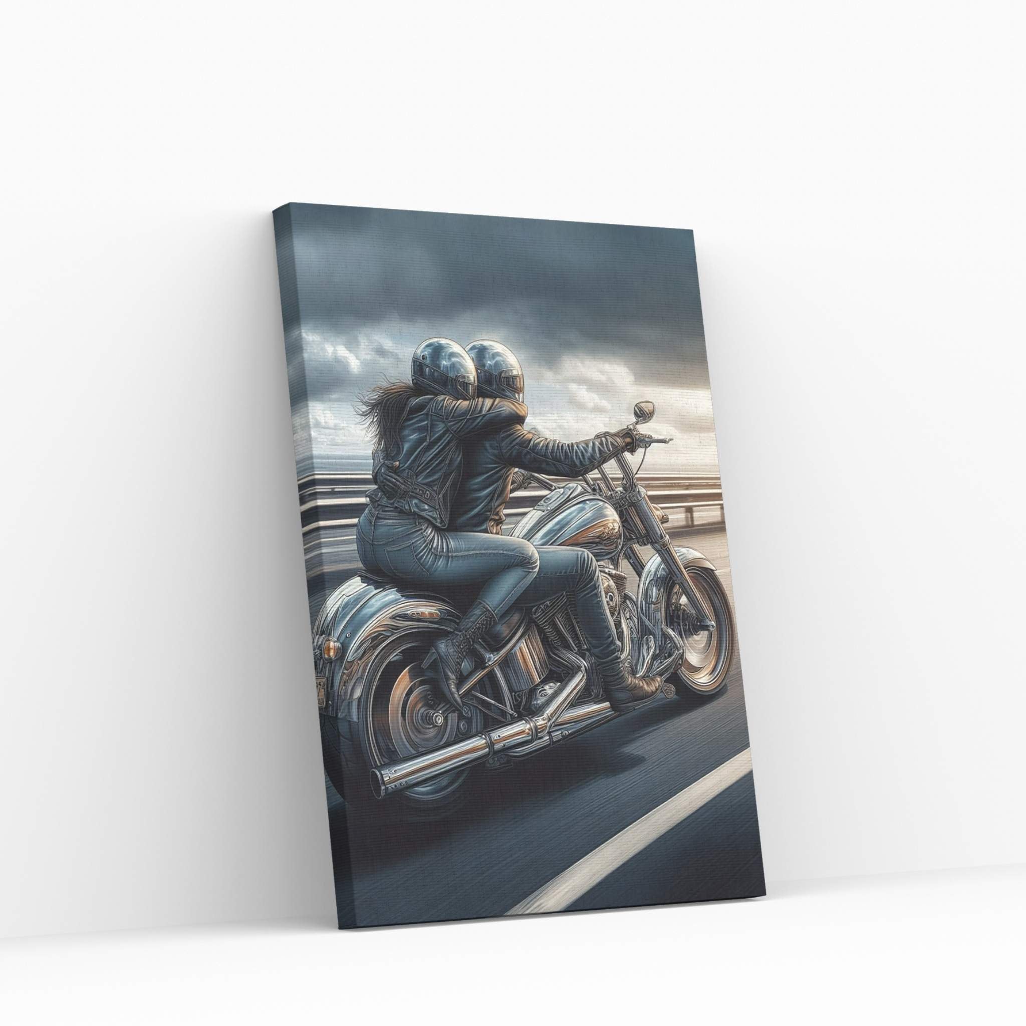 Metallic Couple Eiding A Motorcycle Canvas Wall Art - Y Canvas