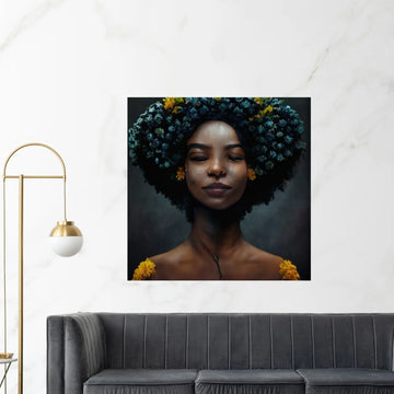 Black woman head flowers Canvas wall art,Black art, Black girl print, flower woman painting, Girl Flowers Poster - Y Canvas