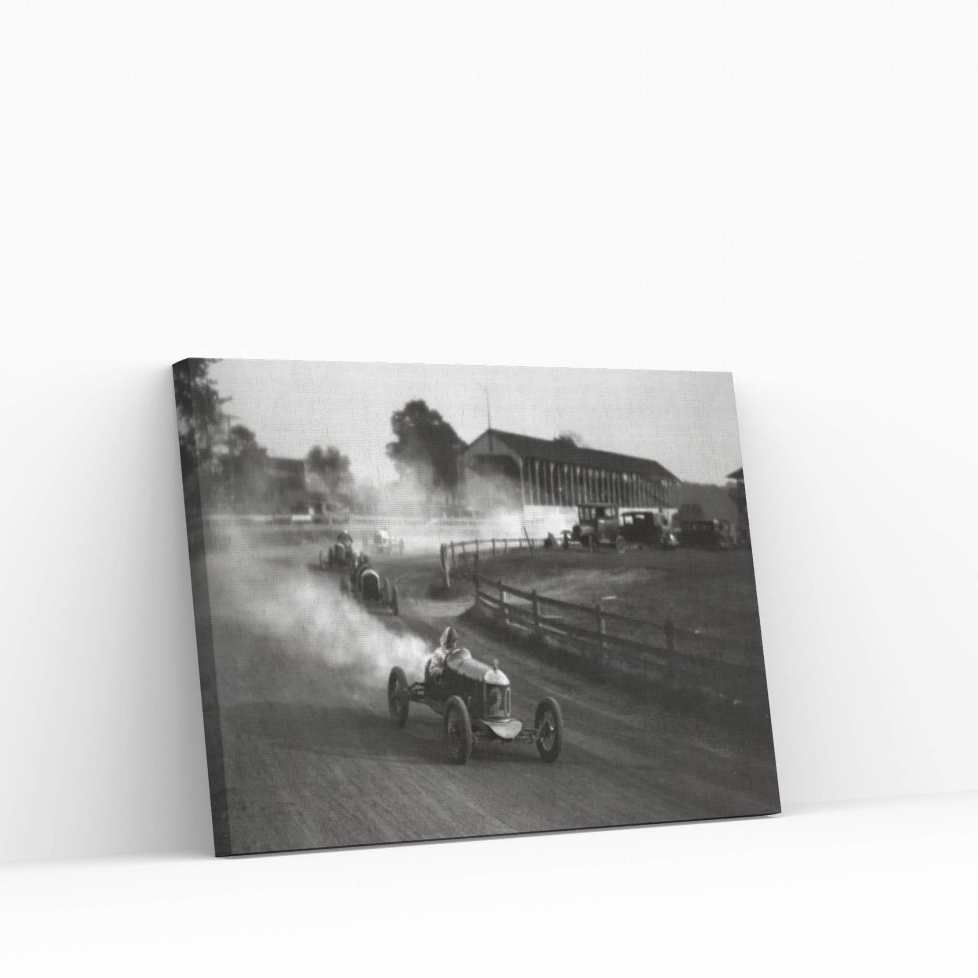 1930s Auto Race On Dirt Track With Cars Going Around Turn Kicking Up Dust Canvas Wall Art - Y Canvas