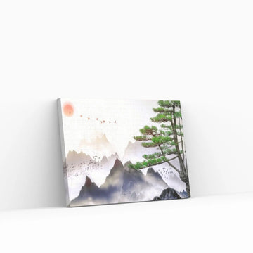 Japanese Landscape Painting of Pine Trees Canvas Wall Art, Distant Mountains, Cloud and Sunrise - Y Canvas