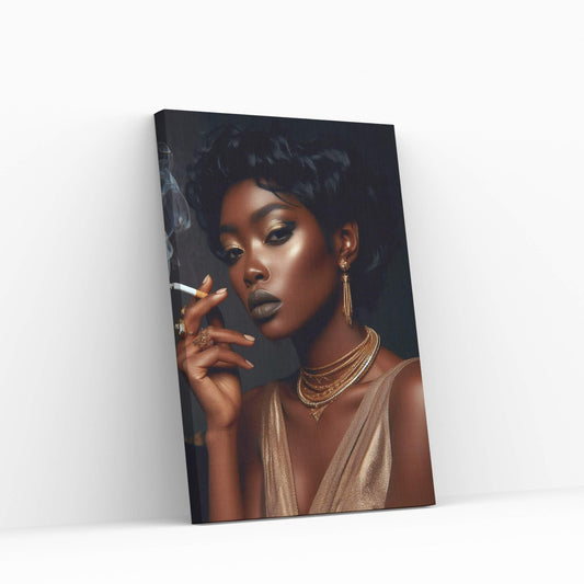 African Black Woman Gold Make-up Smoke Canvas Portrait Canvas Wall Art - Y Canvas