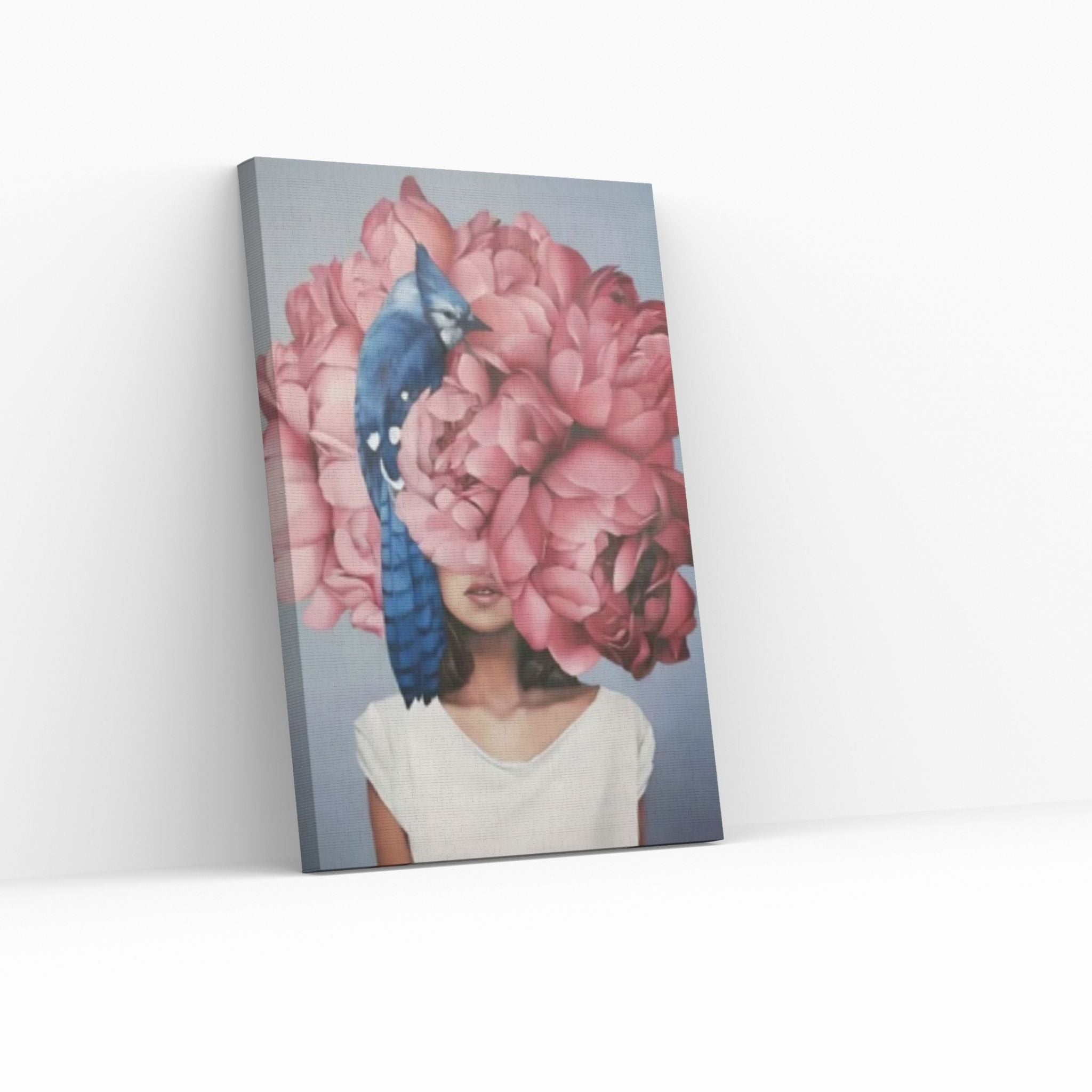 Pink Floral Woman Canvas Art, Blue Bird And Woman Wall Art, Woman with Flower and Bird Head - Y Canvas