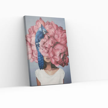 Pink Floral Woman Canvas Art, Blue Bird And Woman Wall Art, Woman with Flower and Bird Head - Y Canvas