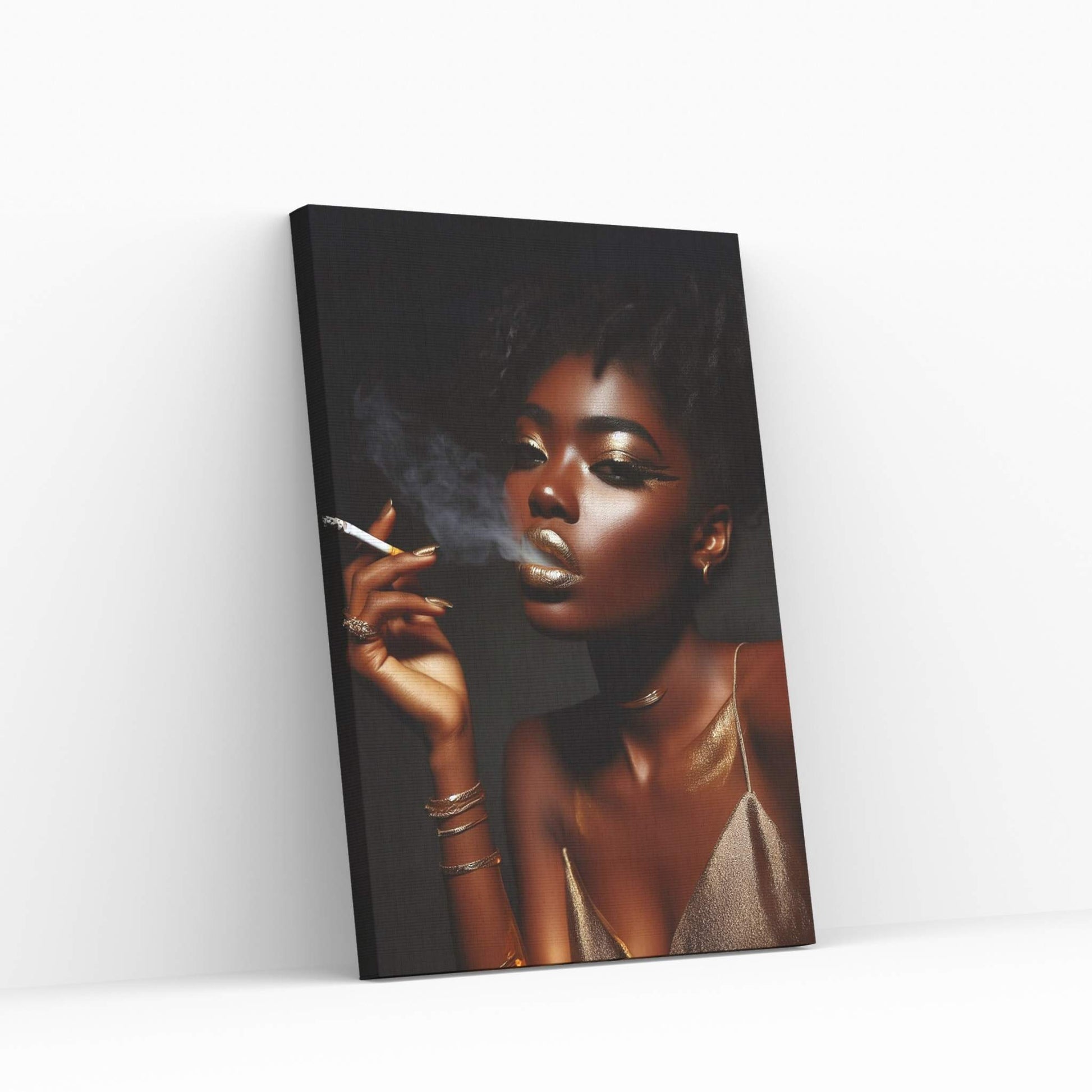 African Black Woman Gold Make-up Smoke Canvas Portrait Canvas Wall Art - Y Canvas