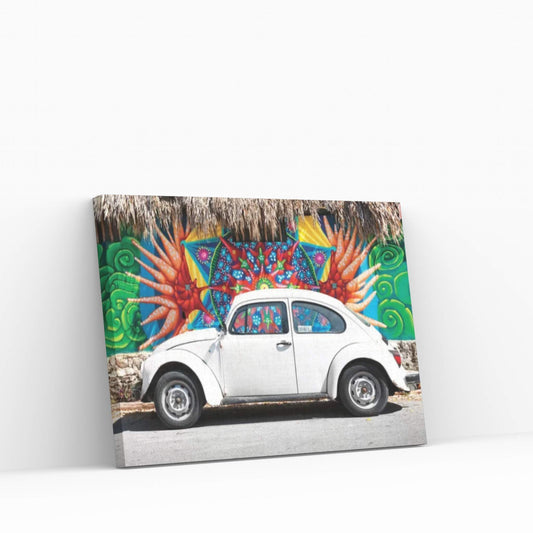 White VW Beetle Car In Cancun Canvas Wall Art - Y Canvas