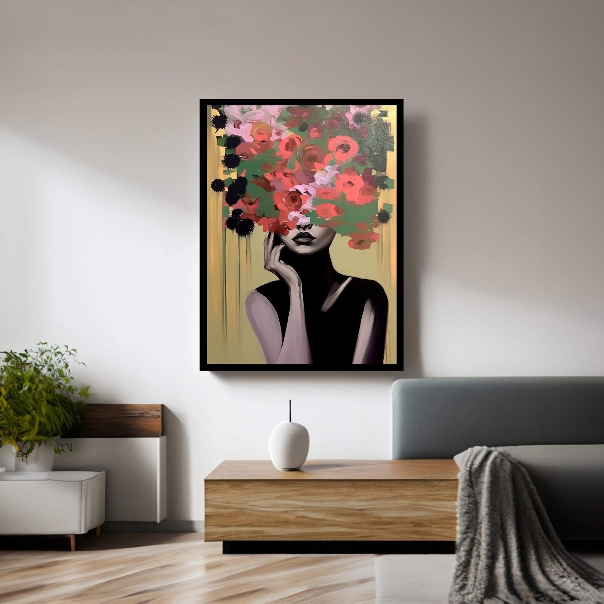 Woman Portrait Flower Head Canvas Wall Art - Y Canvas