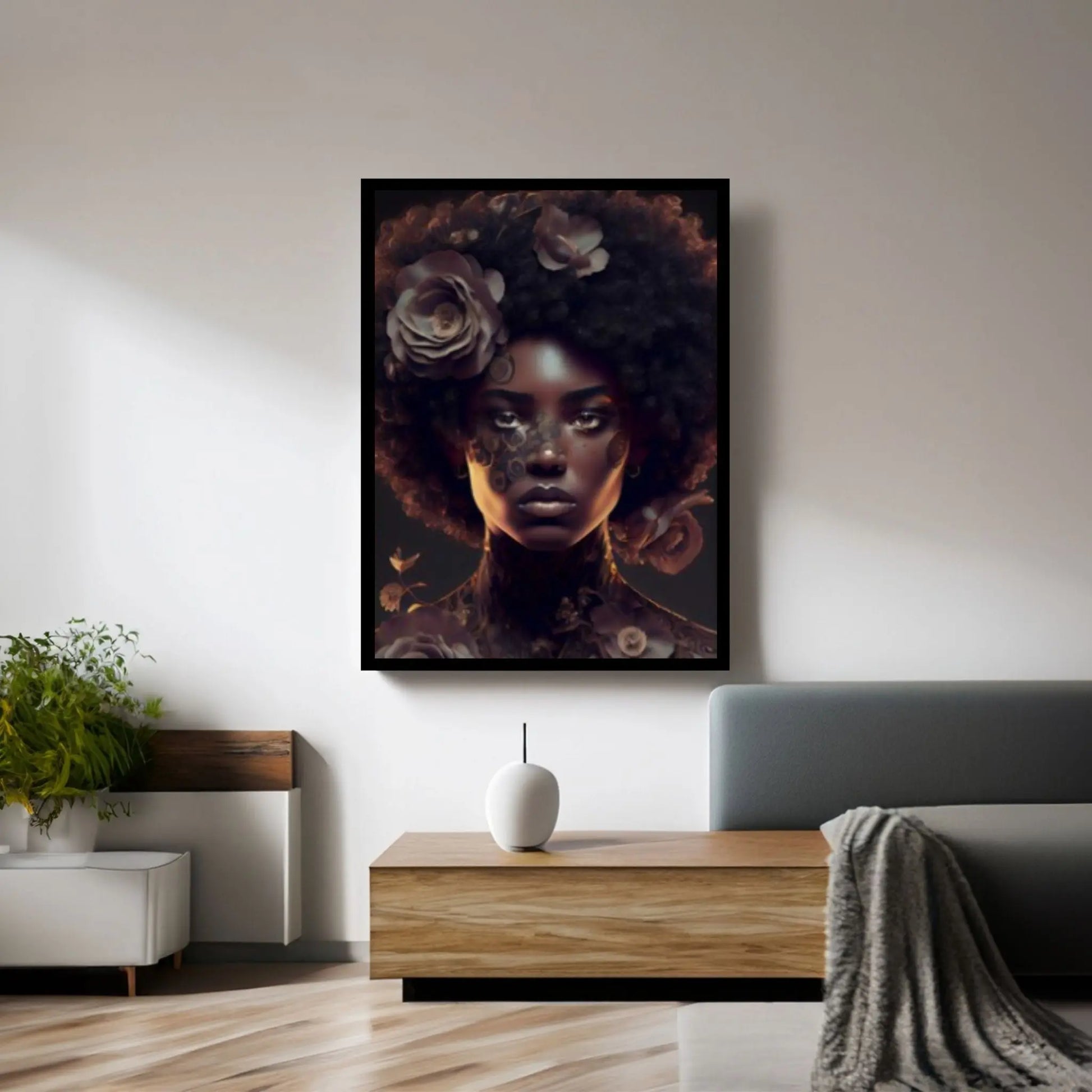 Black woman head flowers Canvas wall art, Black art, Black girl print, flower woman painting, Girl Flowers Poster - Y Canvas