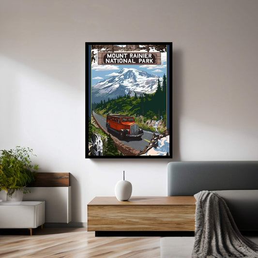 Mount Rainier National Park (Historic Red Bus) Canvas Wall Art - Y Canvas