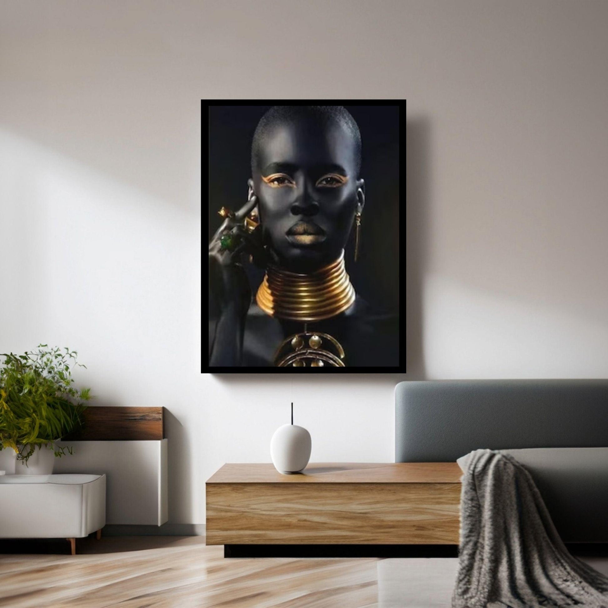 African Woman, Modern Wall Art, Golden Make-Up Woman Print on Canvas Wall Art - Y Canvas