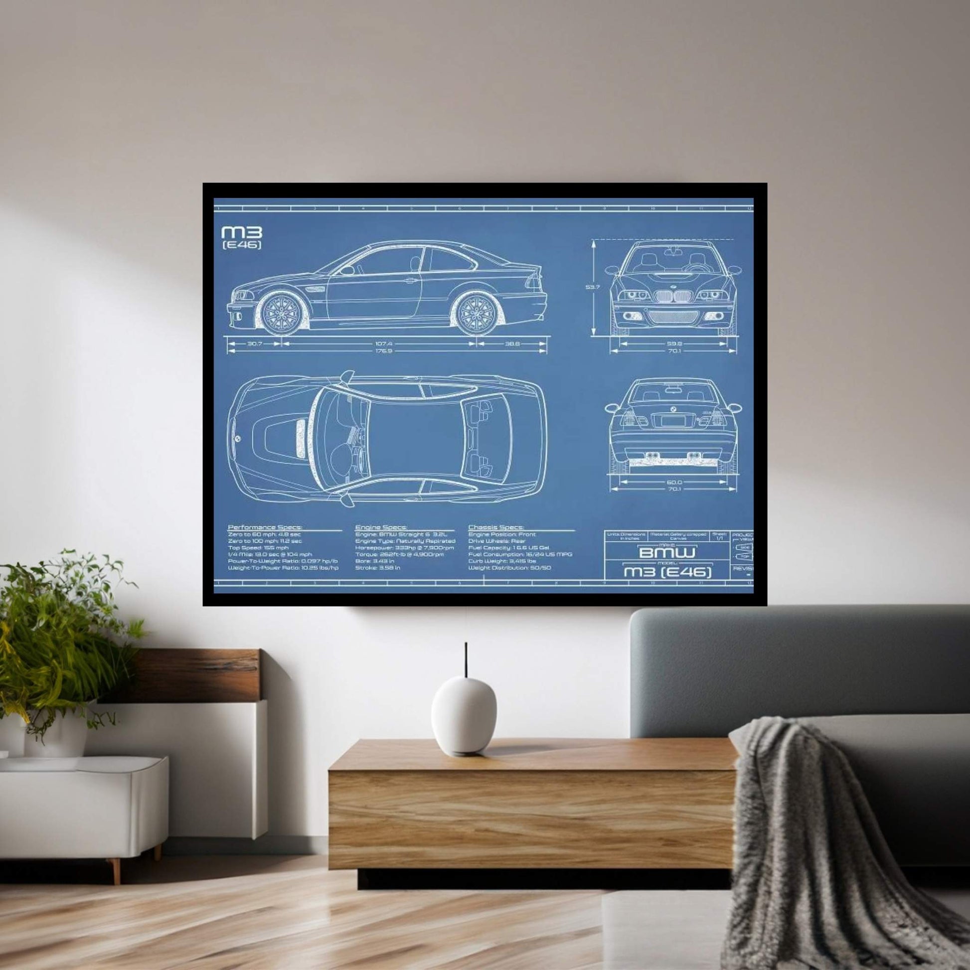 BMW M3 (E46) Blueprint Canvas Wall Art - Y Canvas