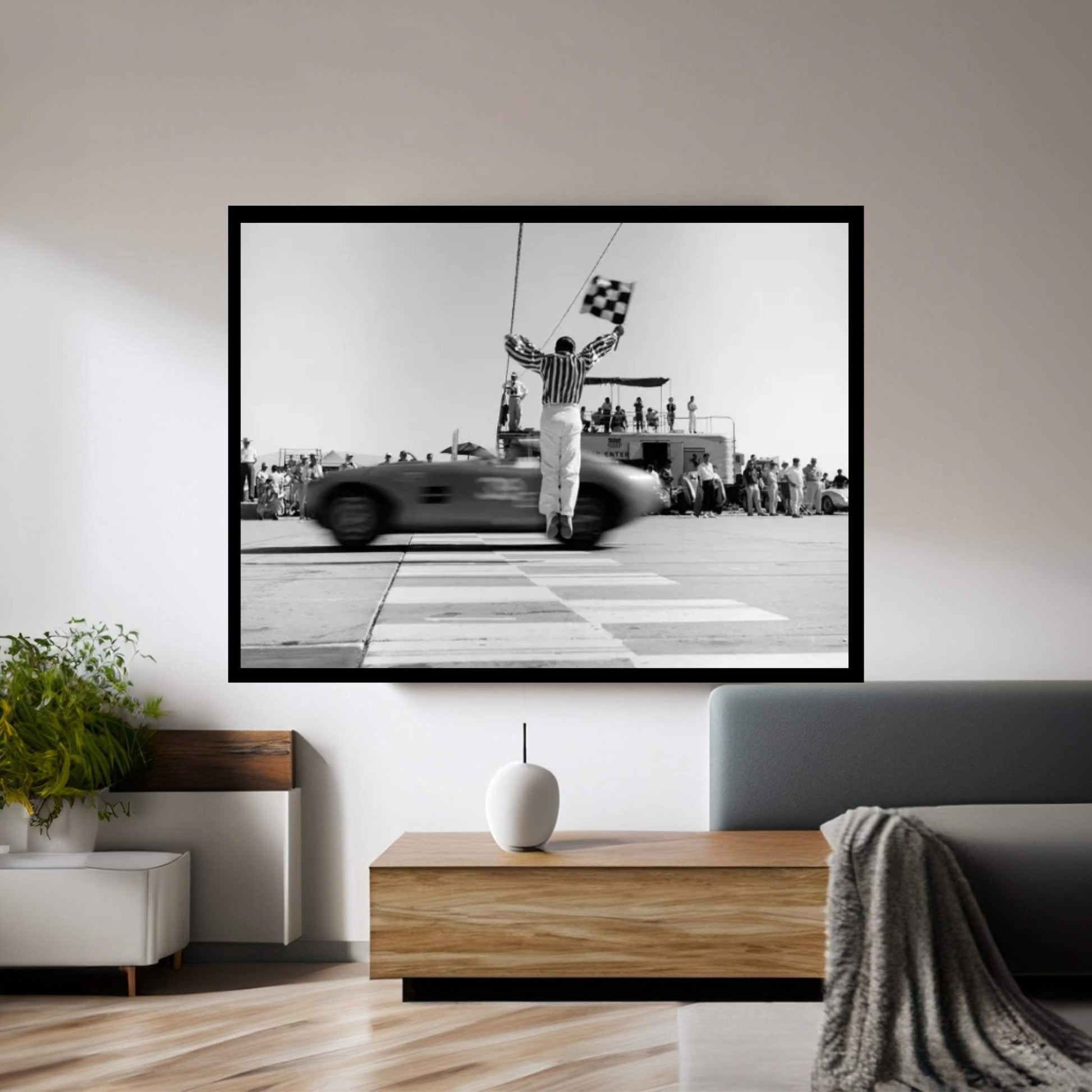 1960s Man Jumping Waving Checkered Flag For Winning Sports Car Crossing The Finish Line Canvas Wall Art - Y Canvas