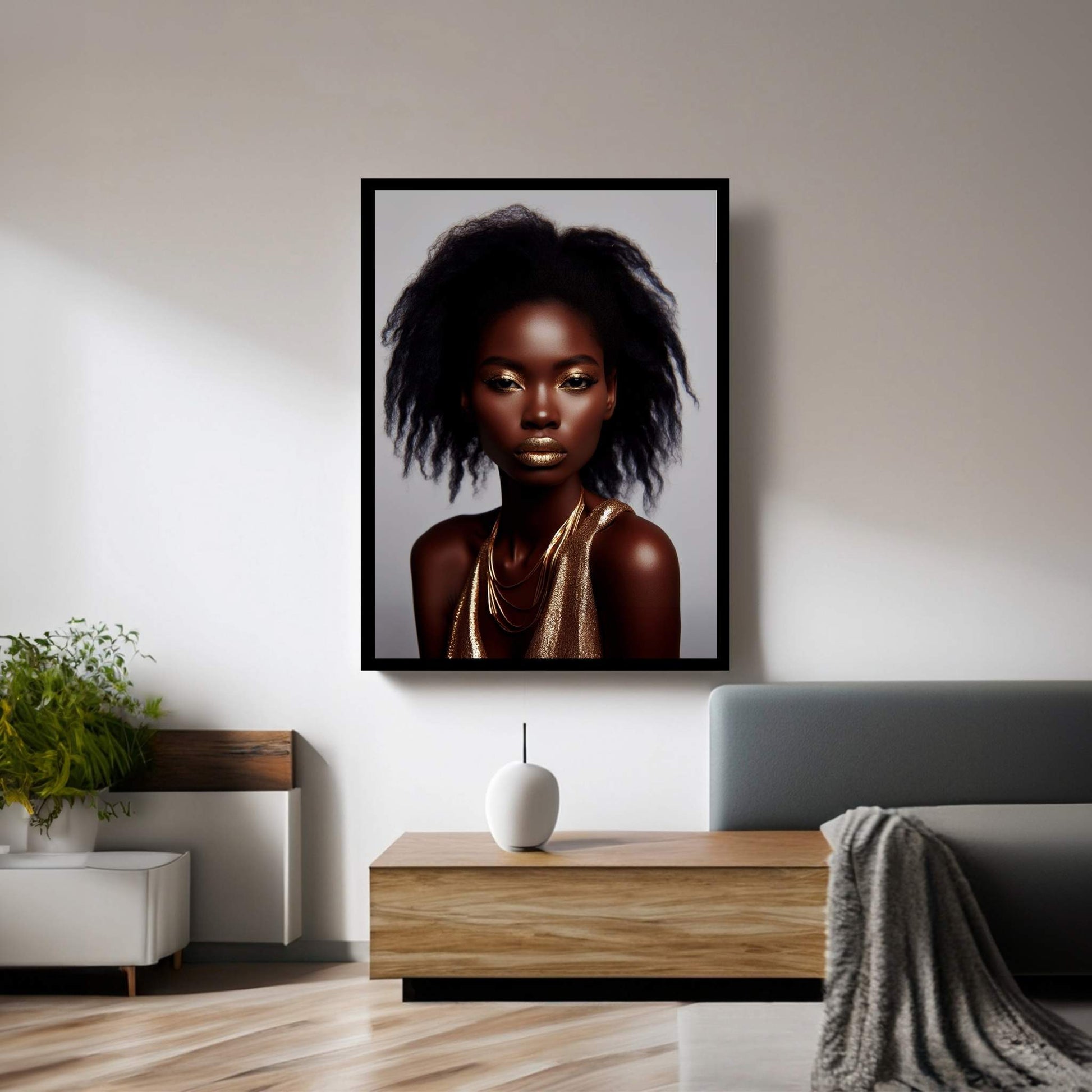 African Black Woman Gold Make-up Canvas Portrait Canvas Wall Art - Y Canvas