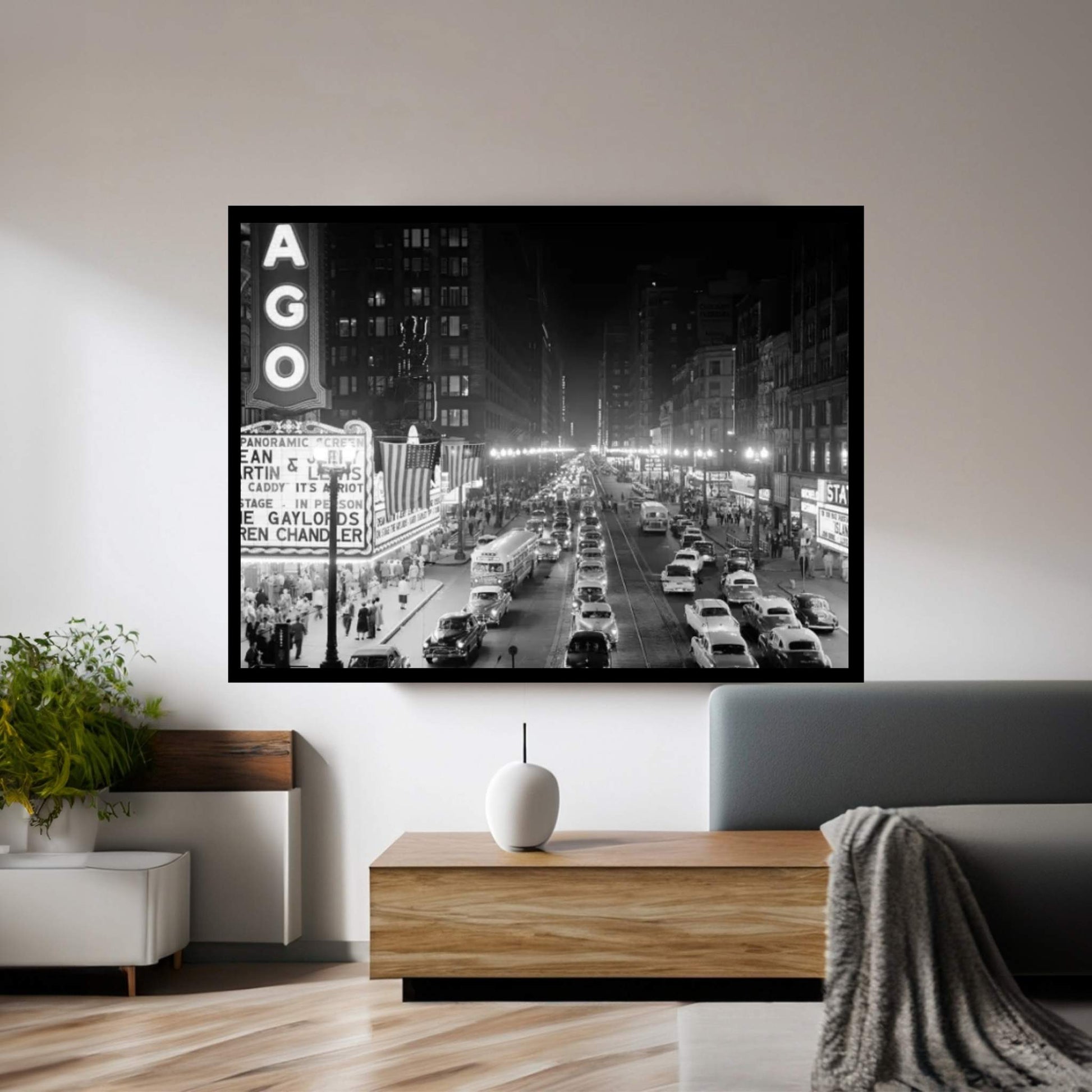 1953 Night Scene Of Chicago State Street With Traffic And Movie Marquee With Pedestrians On The Sidewalks Canvas Wall Art - Y Canvas