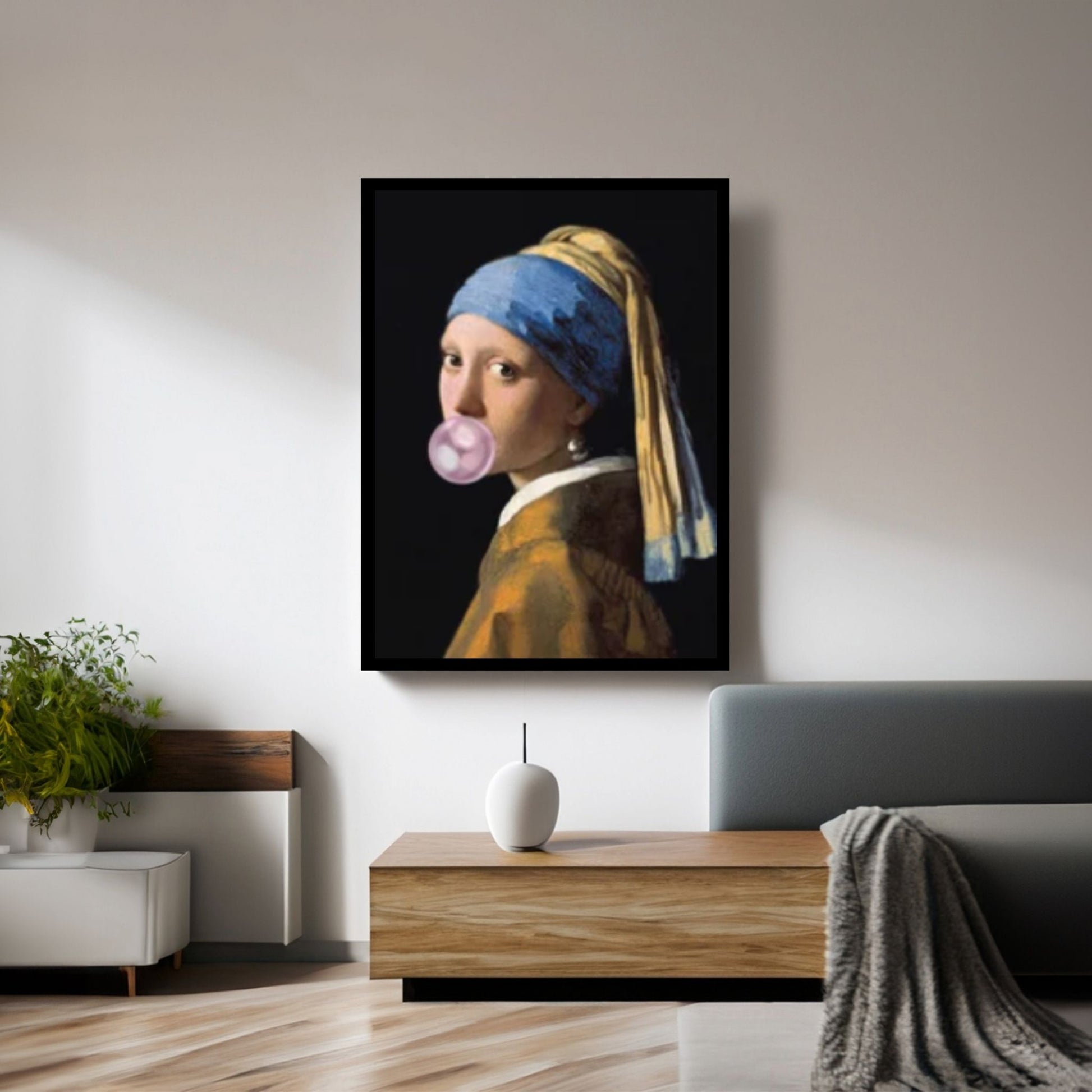 Girl with a Pearl Earring and bubble gum Canvas Wall Art, Johannes Vermeer Exhibition Canvas - Y Canvas