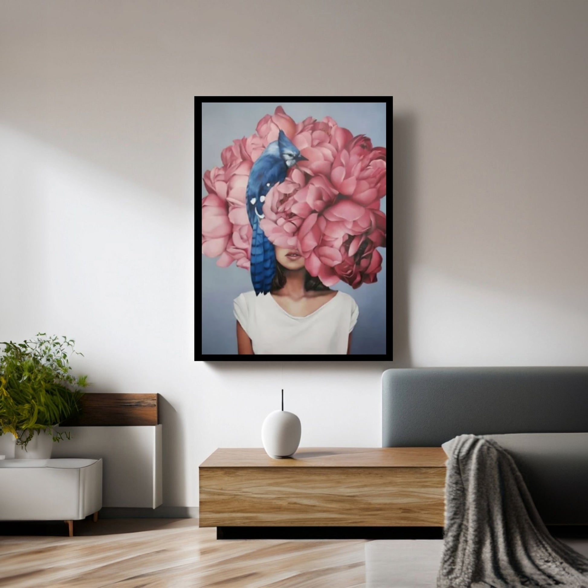 Pink Floral Woman Canvas Art, Blue Bird And Woman Wall Art, Woman with Flower and Bird Head - Y Canvas