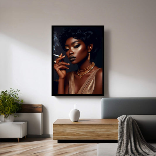 African Black Woman Gold Make-up Smoke Canvas Portrait Canvas Wall Art - Y Canvas