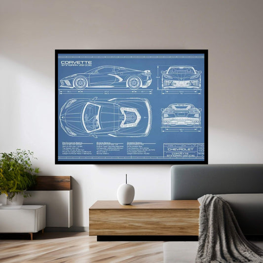 Corvette (C8) Stingray Blueprint Canvas Wall Art - Y Canvas