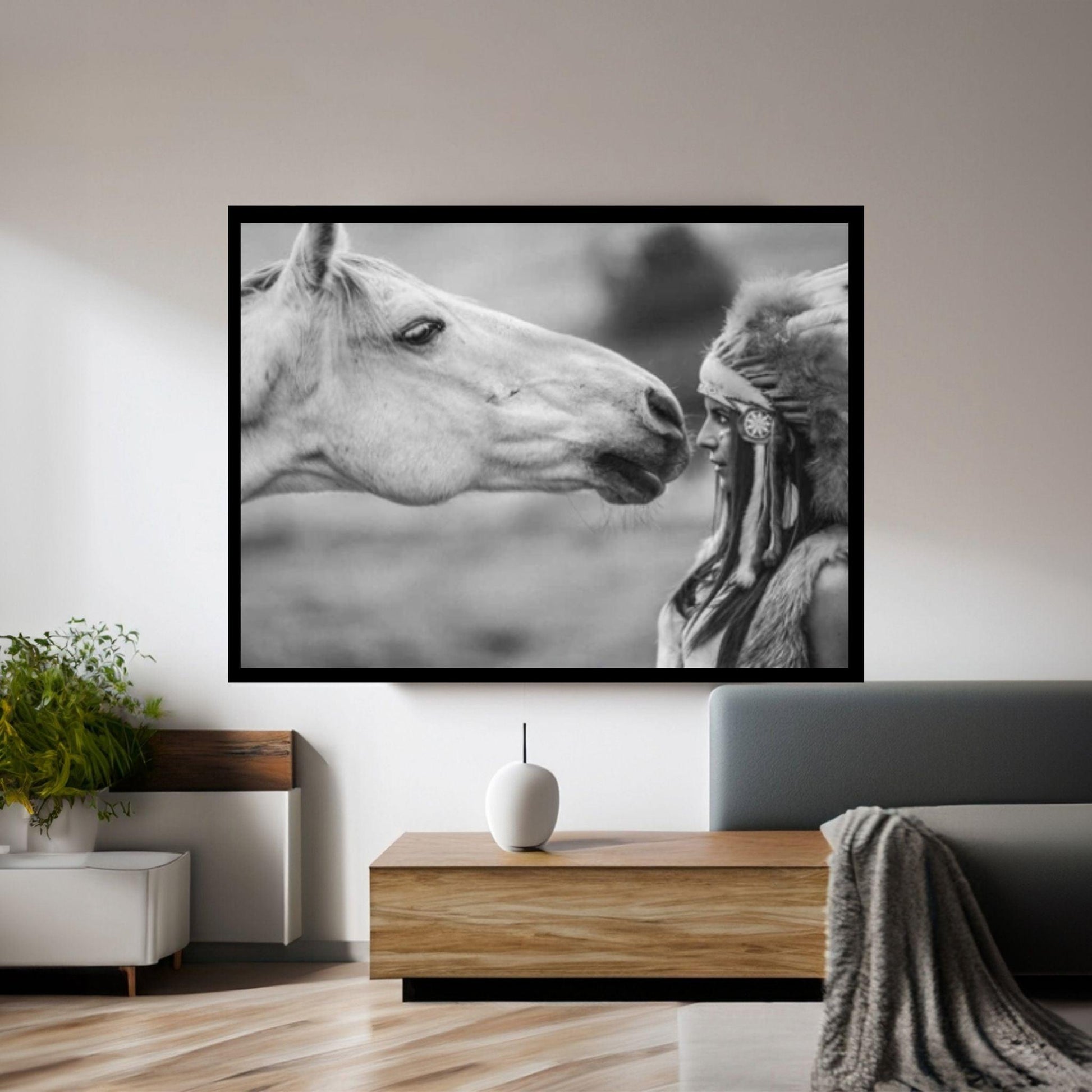 American Indian Art Canvas Wall Art Print -Native Indian Woman - Horse B&W Art - Y Canvas