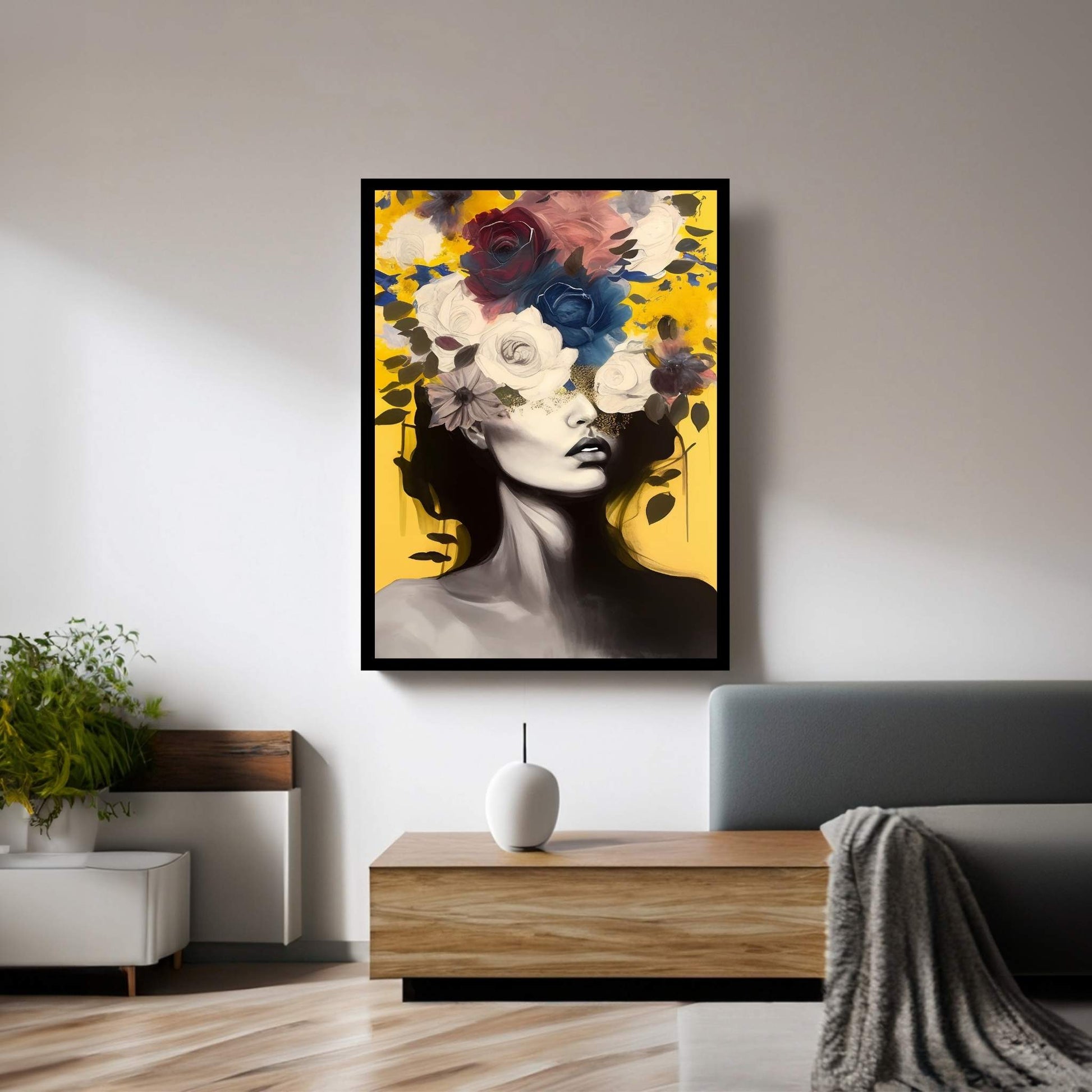 Woman Portrait Flower Head Canvas Wall Art - Y Canvas