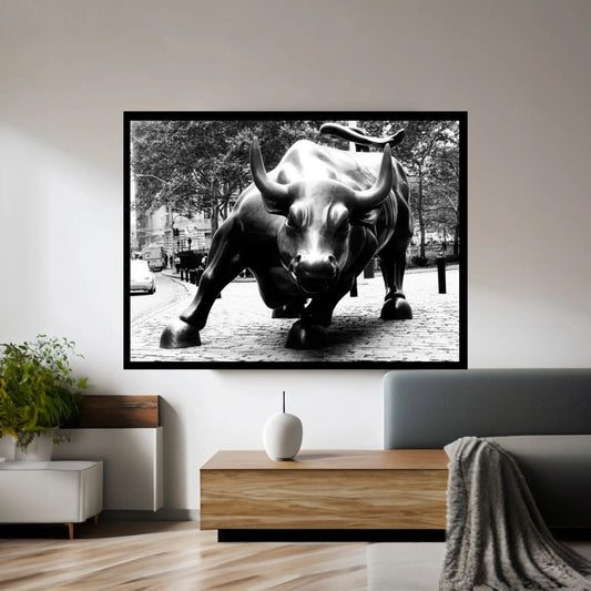 Wall Street Bull Black & White Canvas Wall Art - Y Canvas