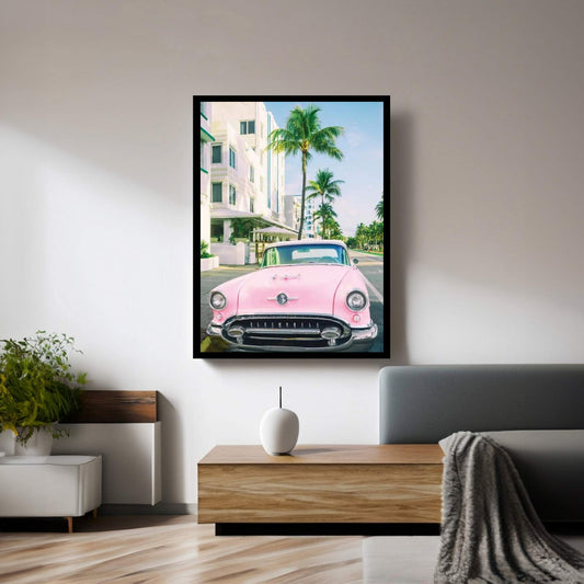 Pink Oldsmobile, Miami Art Deco, Florida Canvas Wall Art - Y Canvas