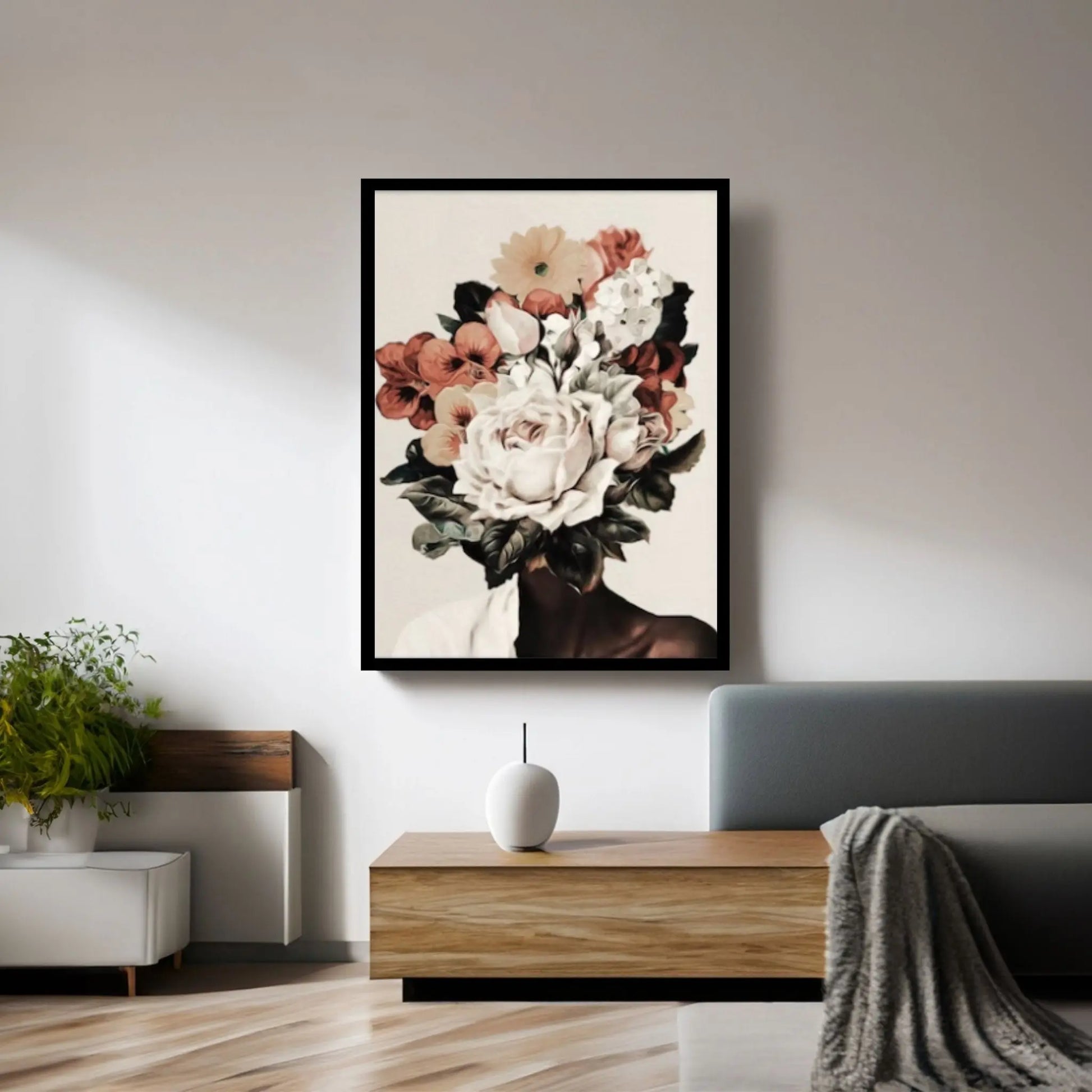 Black woman head flowers Canvas wall art,Black art, Black girl print, flower woman painting, Girl Flowers Poster - Y Canvas