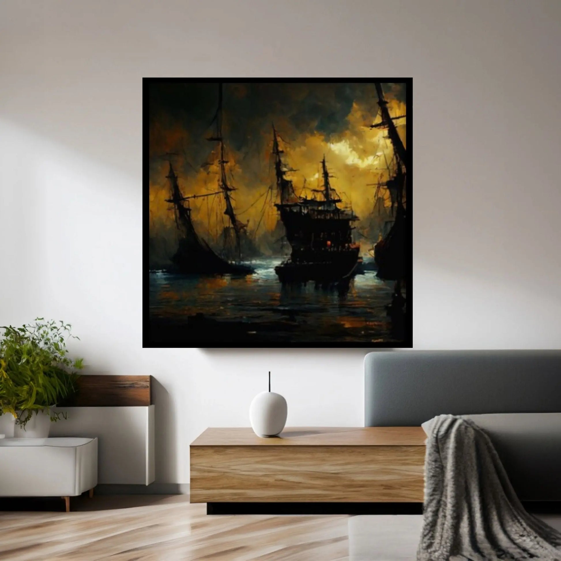 Large Dark Sea Pirates Ship Canvas Wall Art, Pirates Canvas Wall Print, Corsair on Sea Wall Hangings, Dark Colours Boat Room Decor - Y Canvas