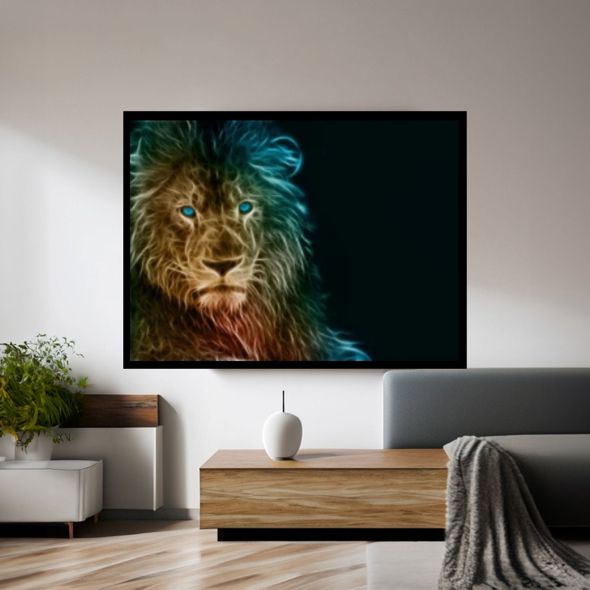 African Lion Canvas Wall Art, Black and white blue eyes lion Canvas Print - Y Canvas