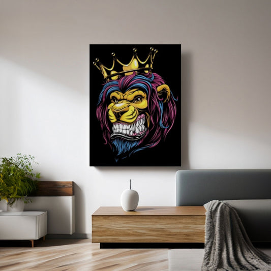 African King Banksy Cartoon Lion Canvas Wall Art - Y Canvas