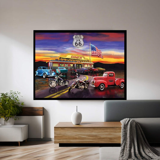 Nostalgic America Diner And Cars Canvas Wall Art - Y Canvas