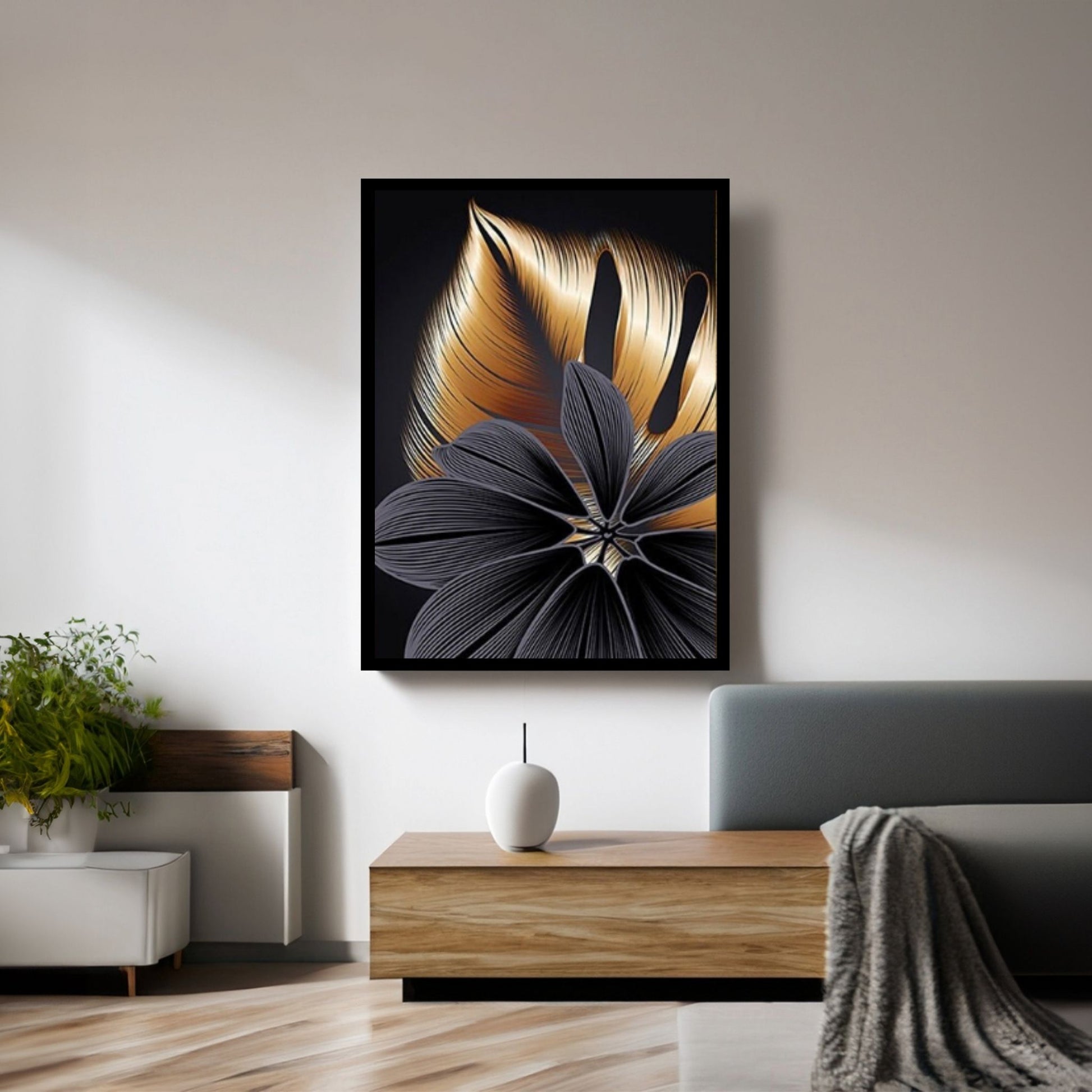 Art Painting Nordic Living Room Decoration, Black Golden Plant Leaf Canvas Poster - Y Canvas