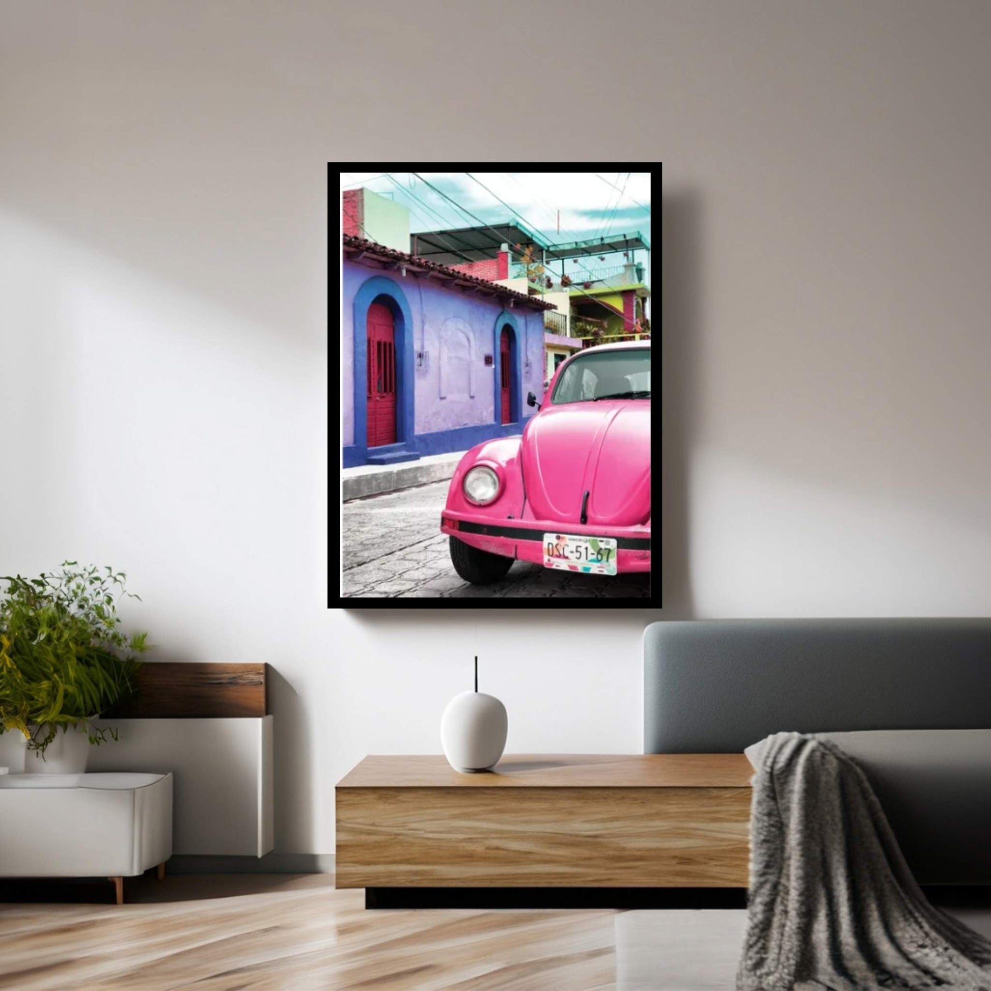 Pink VW Beetle Car Canvas Wall Art - Y Canvas