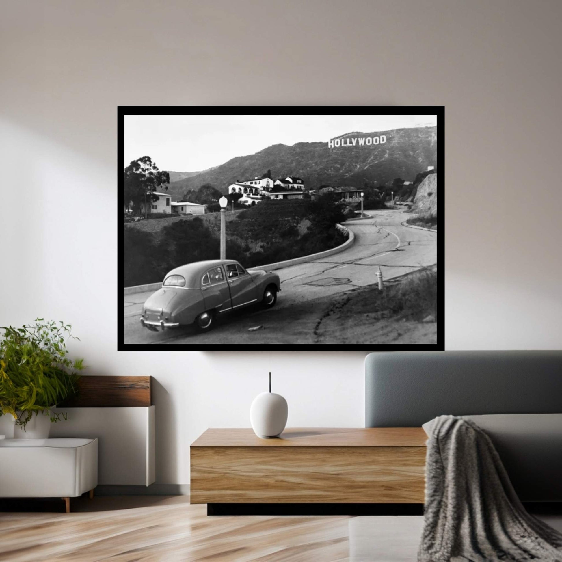 1950s Austin Car Driving Up The Hollywood Hills With Hollywood Sign In Distance Los Angeles Ca USA Canvas Wall Art - Y Canvas