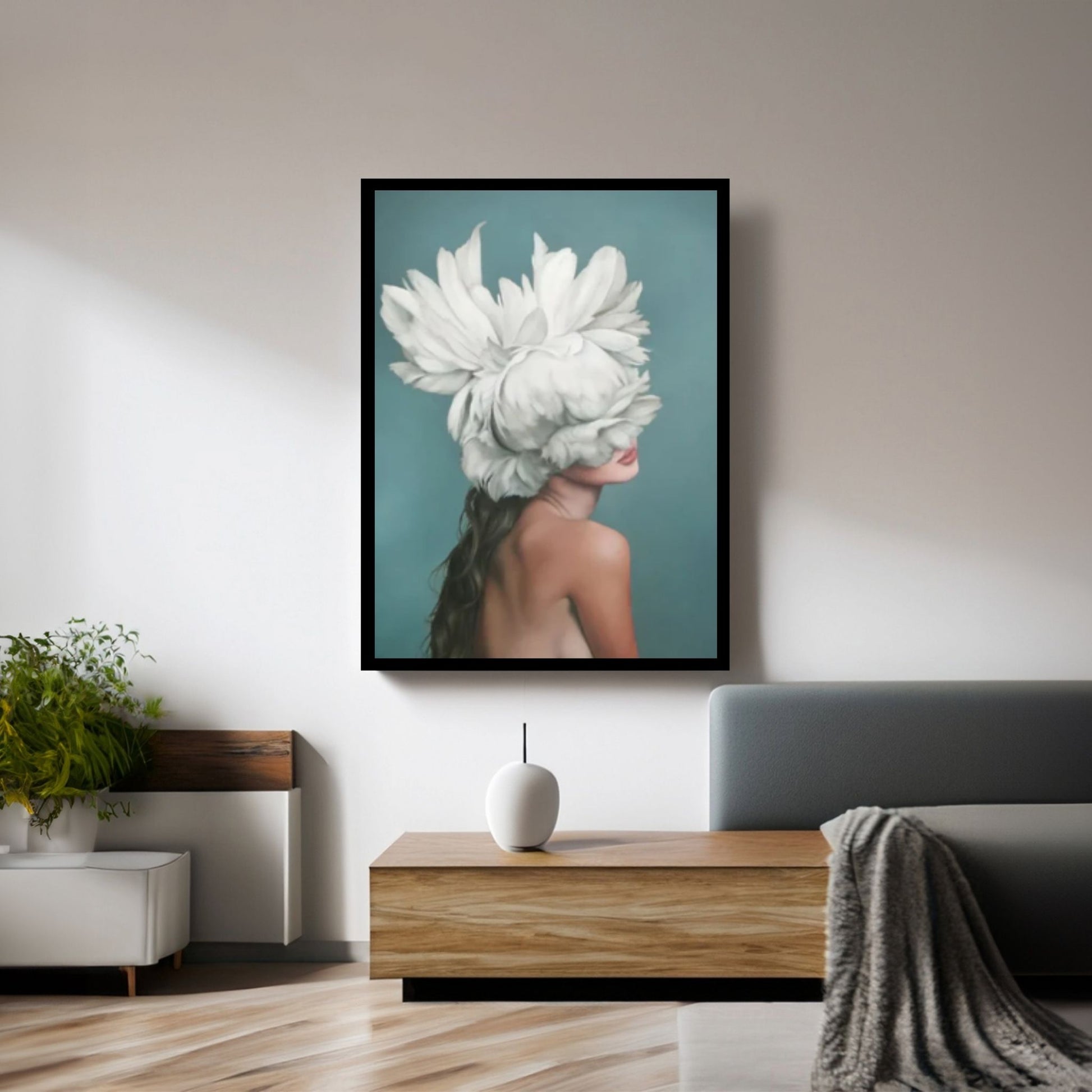 White Floral Woman Canvas Art, Blue Bird And Woman Wall Art, Woman with Flower and Bird Head, Flowers - Y Canvas