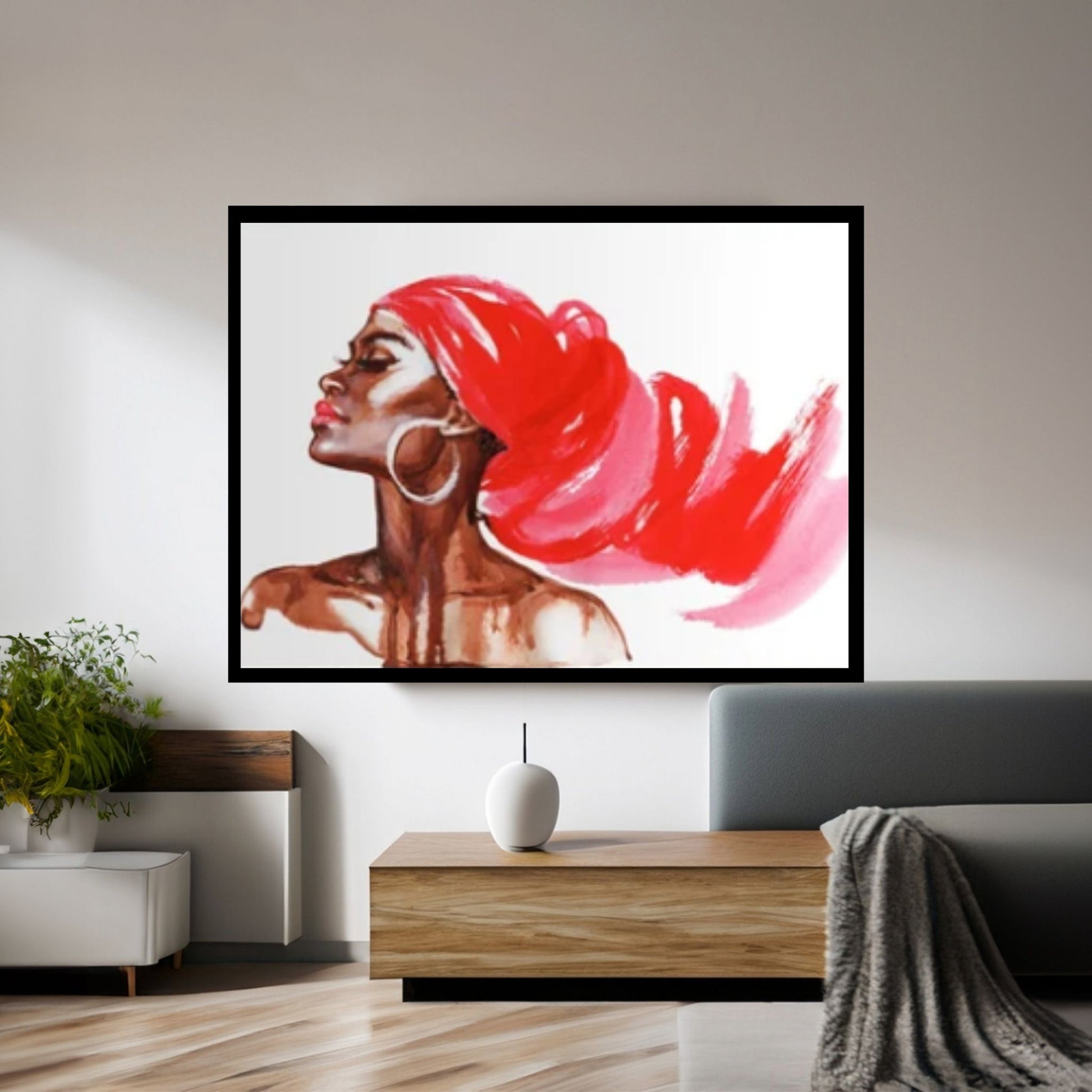 African Woman Portrait, Red American Afro Canvas, Woman Portrait Wall Art, Black Woman Canvas Art - Y Canvas