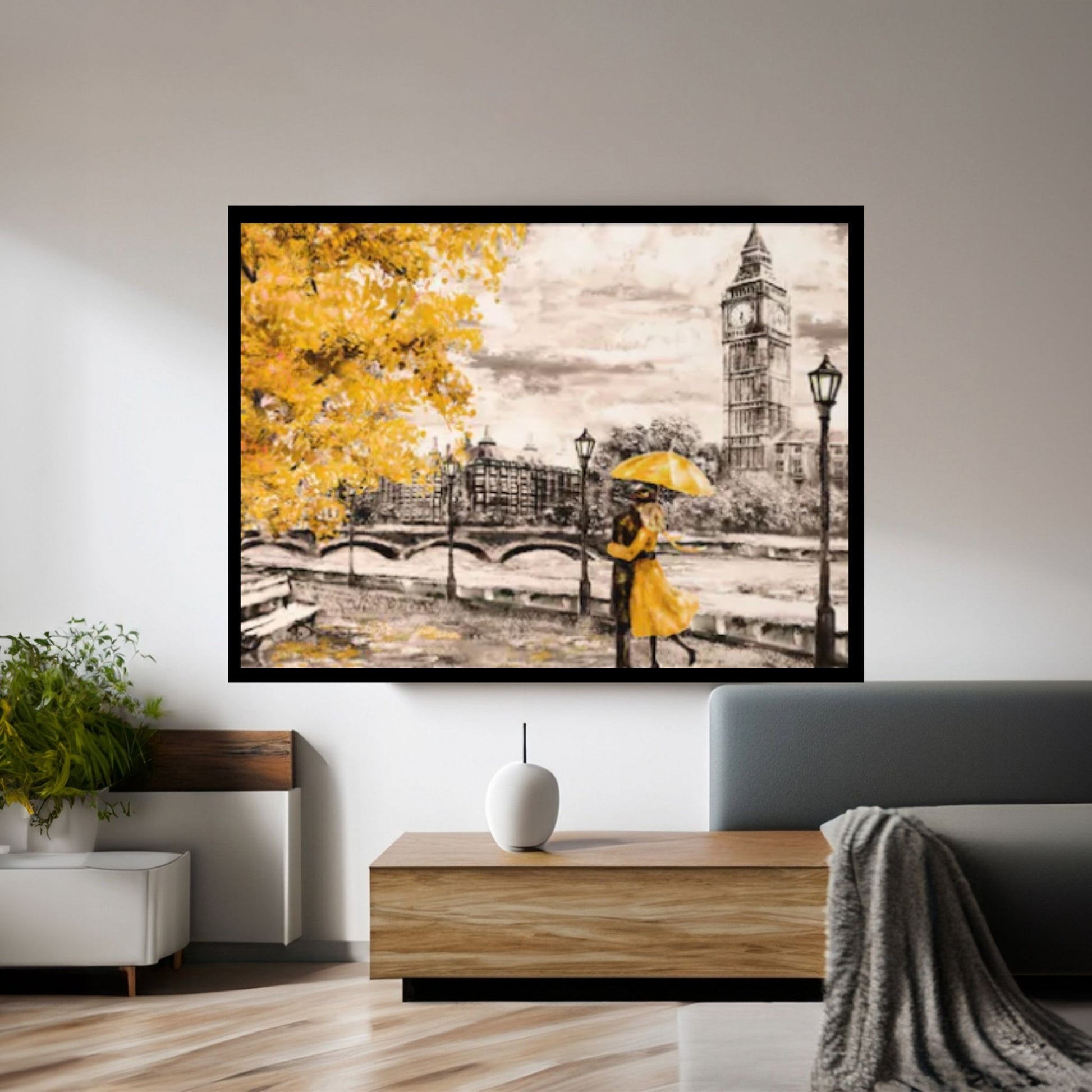 England Bridge illustration Man and woman under Yellow umbrella photo, London street Oil painting Canvas Wall Art - Y Canvas