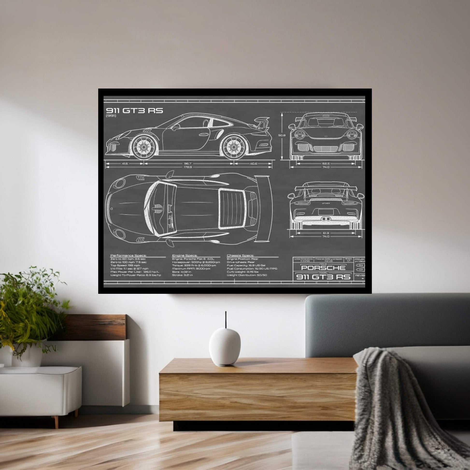 Porsche 911 GT3 RS (991) | Black Canvas Wall Art - Y Canvas