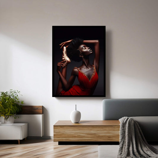 African Black Woman Ballerina in Red Dress Canvas Wall Art Home Decor - Y Canvas