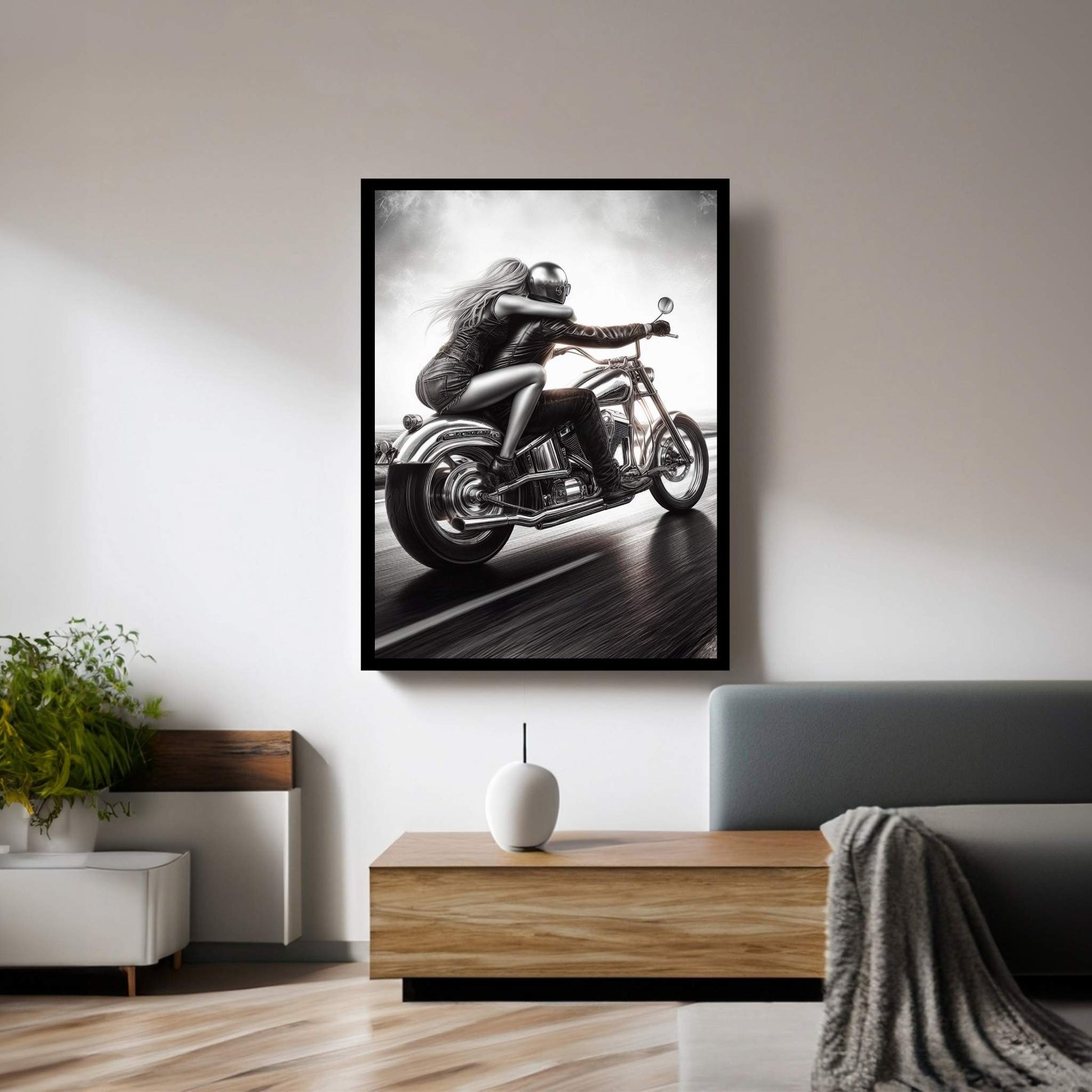 Metallic Couple Eiding A Motorcycle Canvas Wall Art - Y Canvas