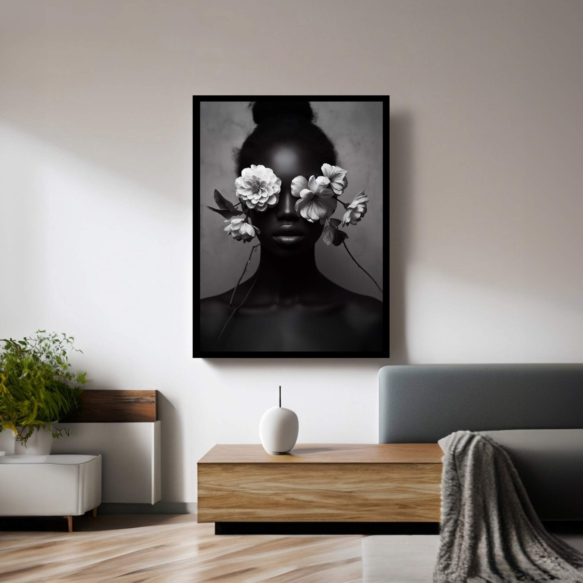 African Black Woman Canvas Flower Portrait Canvas Wall Art - Y Canvas