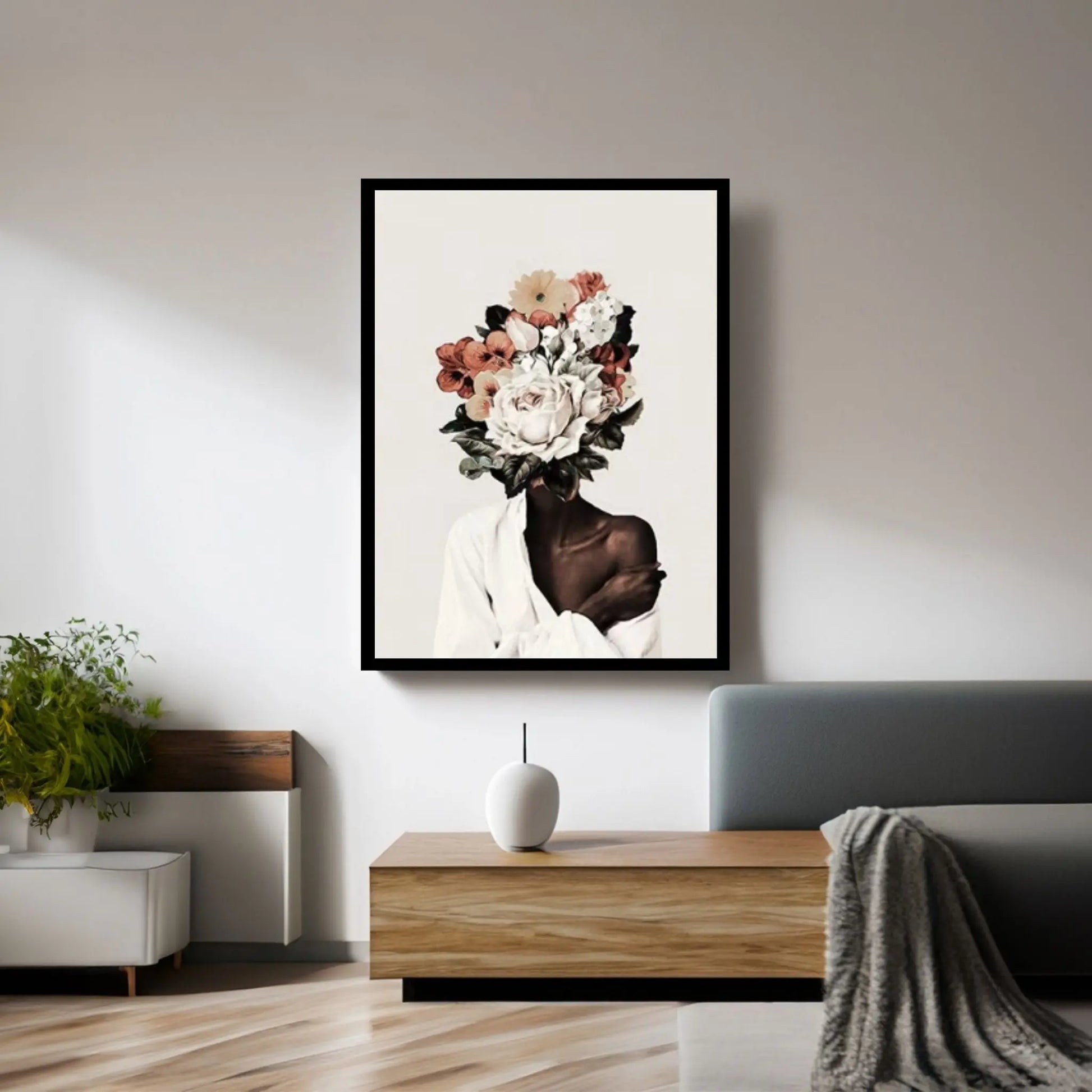 Black woman head flowers Canvas wall art,Black art, Girl Flowers Poster - Y Canvas